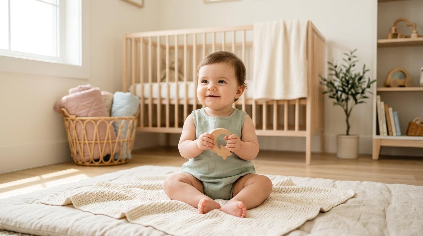 6-month-old baby practicing new physical skills during the day